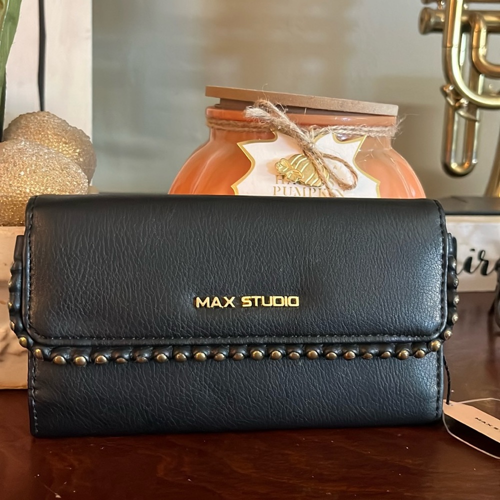 Max Studio Faux Leather Vegan Black Studded Trim Snap Woman's Wallet NWT